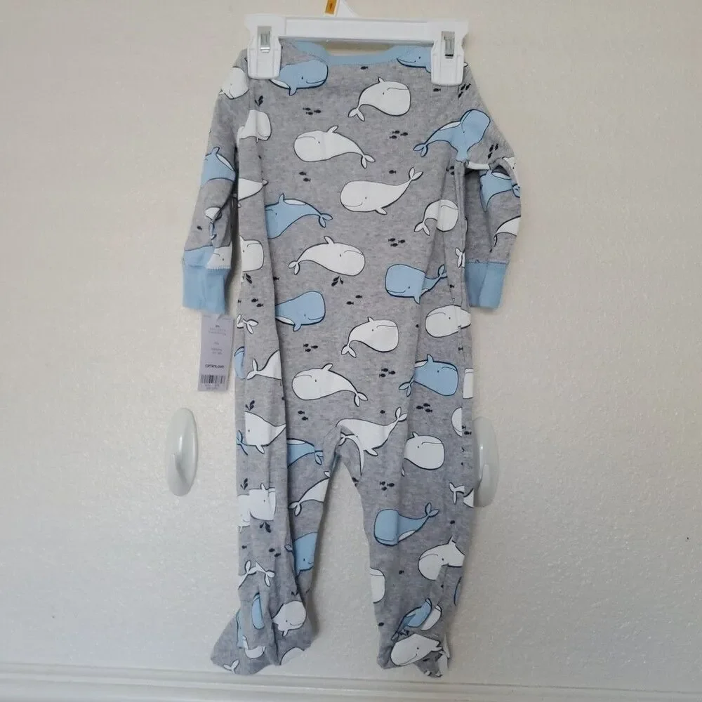 Carters Baby Boy Cute Whale 100% Cotton Long Sleeve Snap-Up Sleep & Play 6M Gray